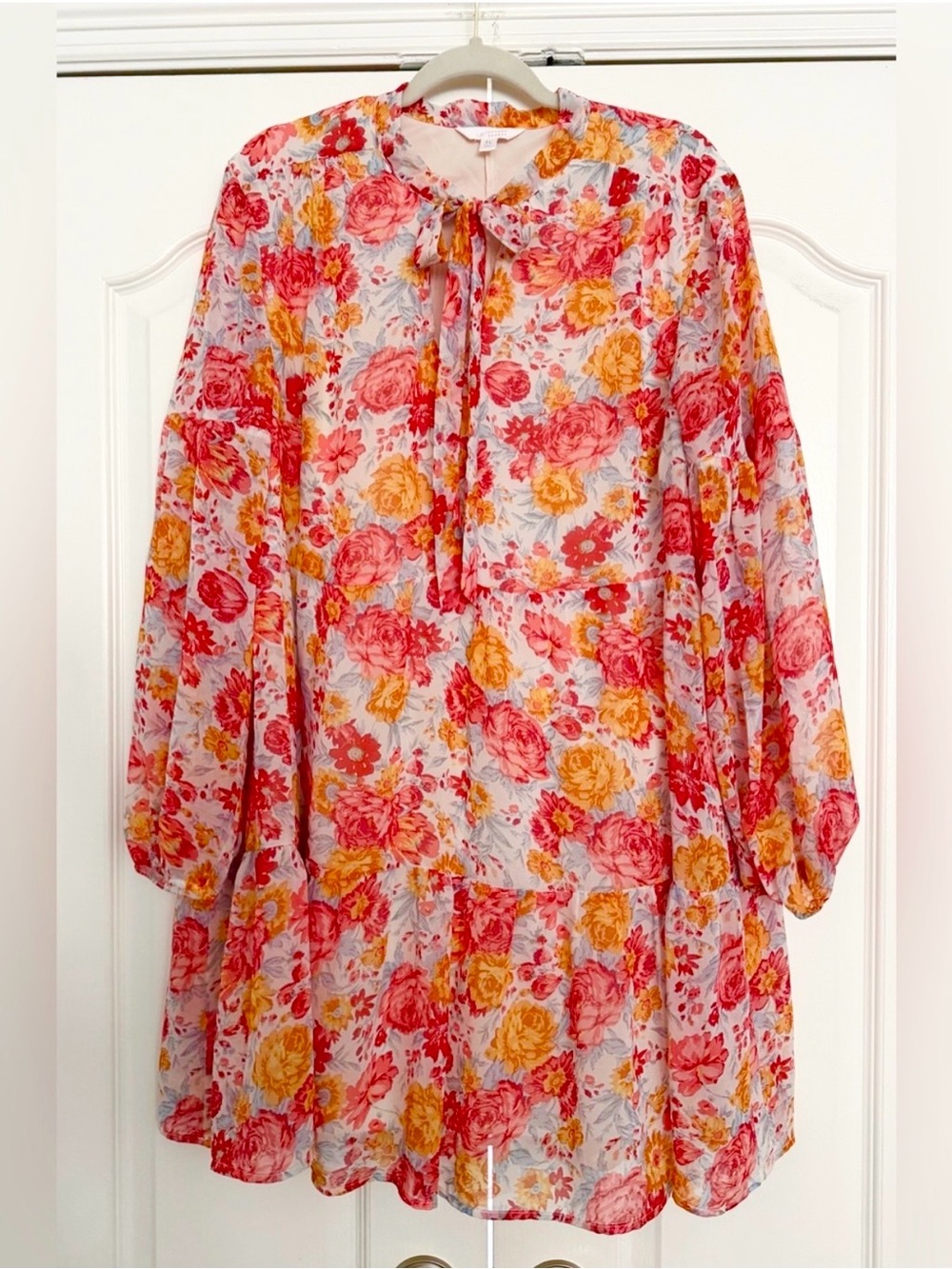 LC Lauren Conrad Pink Floral Tie-Neck Chiffon Long-Sleeve Dress Sz XL - Picture 2 of 3